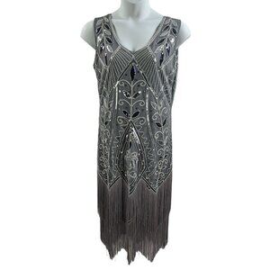Metme XL Womens Flapper Dress Roaring 1920s Sequins Beaded Fringe Great Gatsby